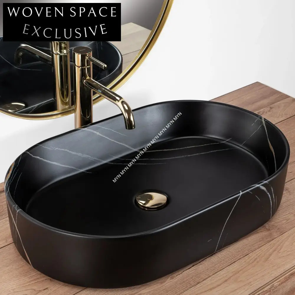 Luxurious Matte Black Ceramic Countertop Bathroom Sink Basin with Marble Finish