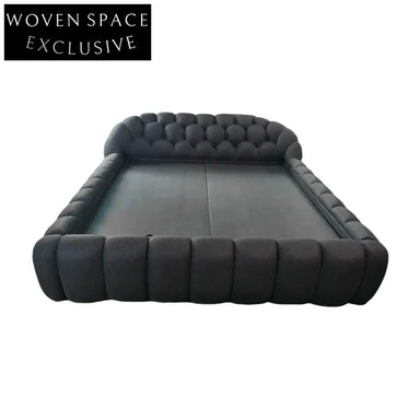 Luxurious Mid-Century Modern Upholstered King Bubble Bed Frame with Tufted Headboard