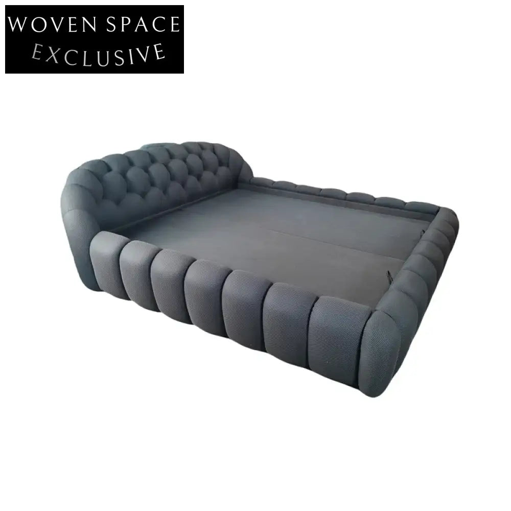 Luxurious Mid-Century Modern Upholstered King Bubble Bed Frame with Tufted Headboard