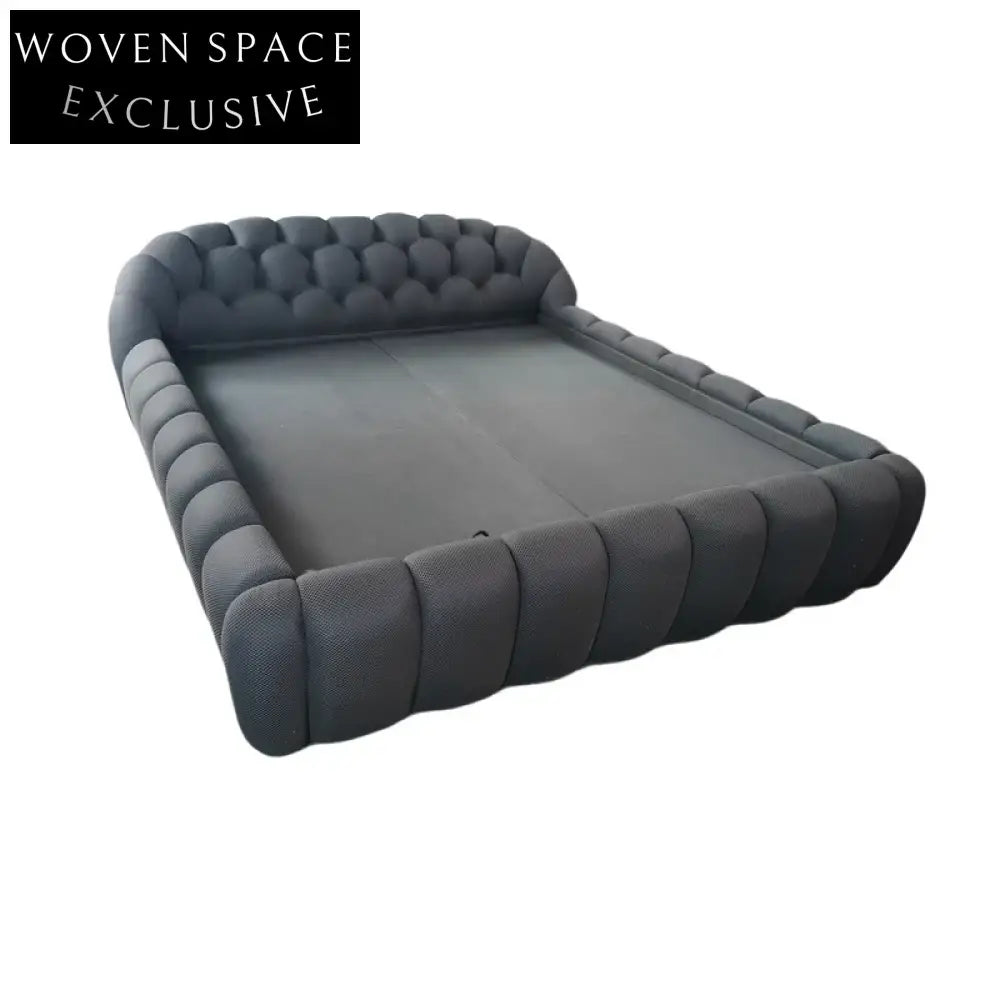 Luxurious Mid-Century Modern Upholstered King Bubble Bed Frame with Tufted Headboard
