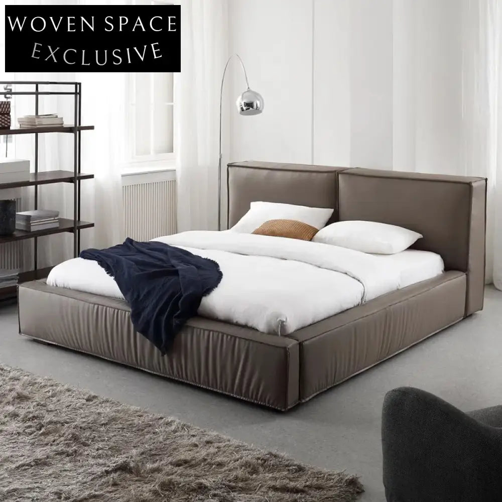 Luxurious Modern Brown Italian Genuine Leather King Size Soft Bed Frame