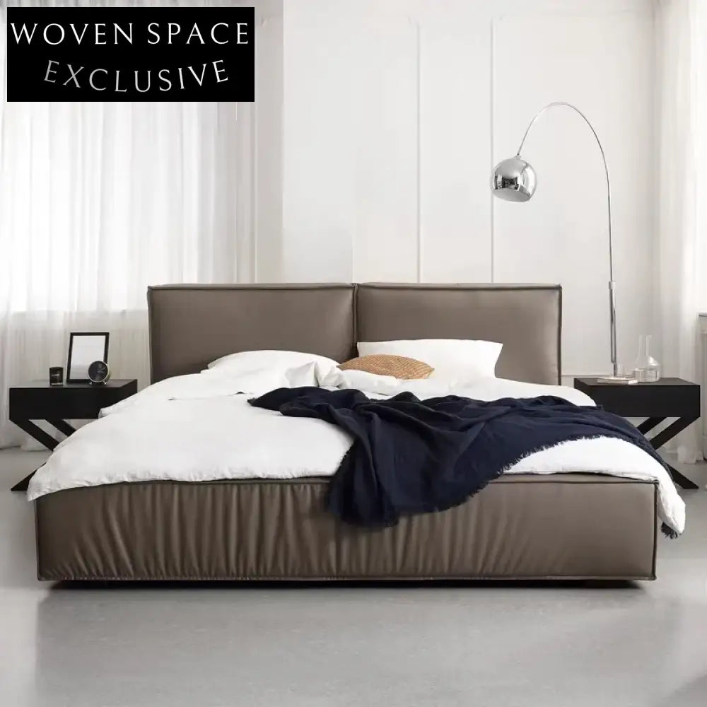 Luxurious Modern Brown Italian Genuine Leather King Size Soft Bed Frame