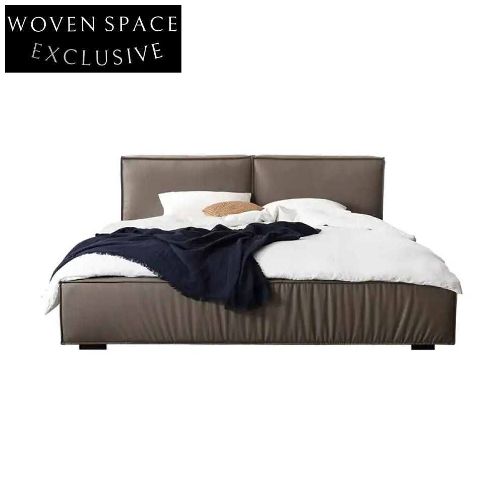 Luxurious Modern Brown Italian Genuine Leather King Size Soft Bed Frame