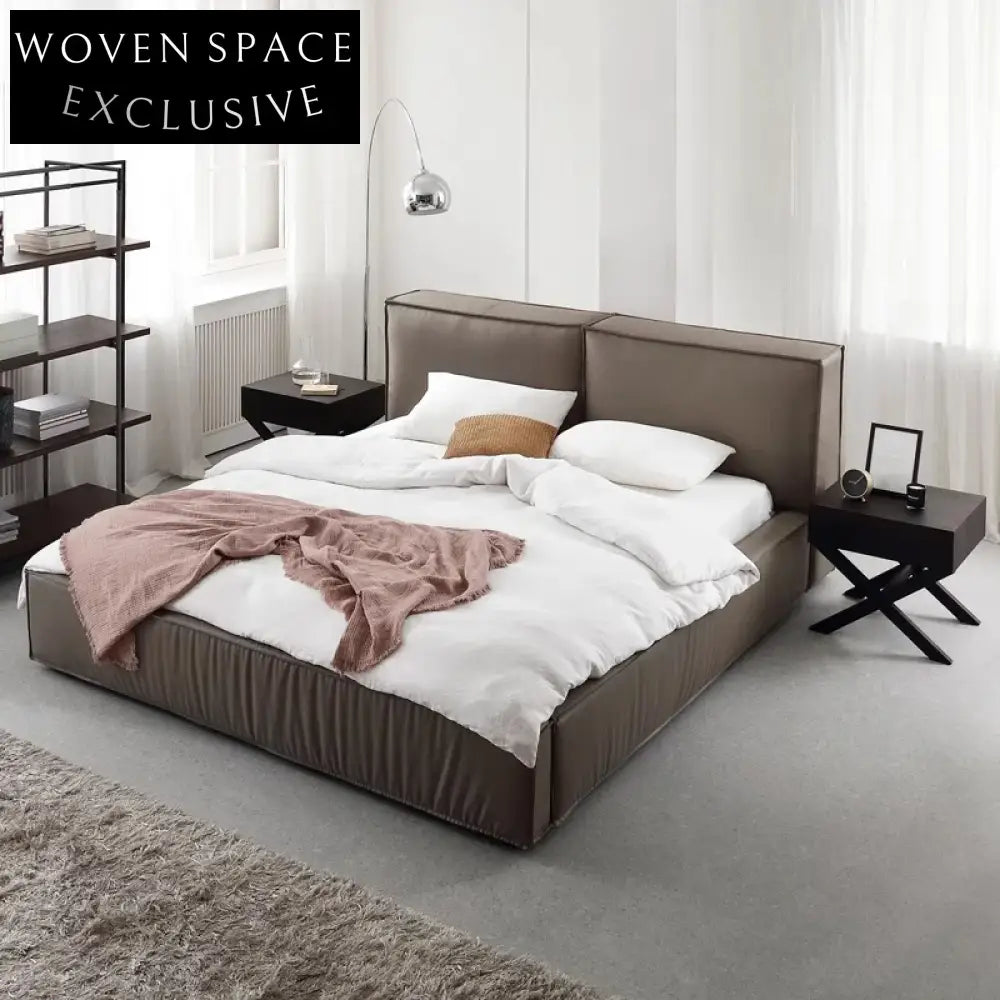 Luxurious Modern Brown Italian Genuine Leather King Size Soft Bed Frame