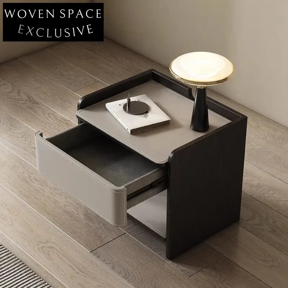 Luxurious Modern Leather & Metal Nightstand with Drawer, Elegant Bedroom Side Table