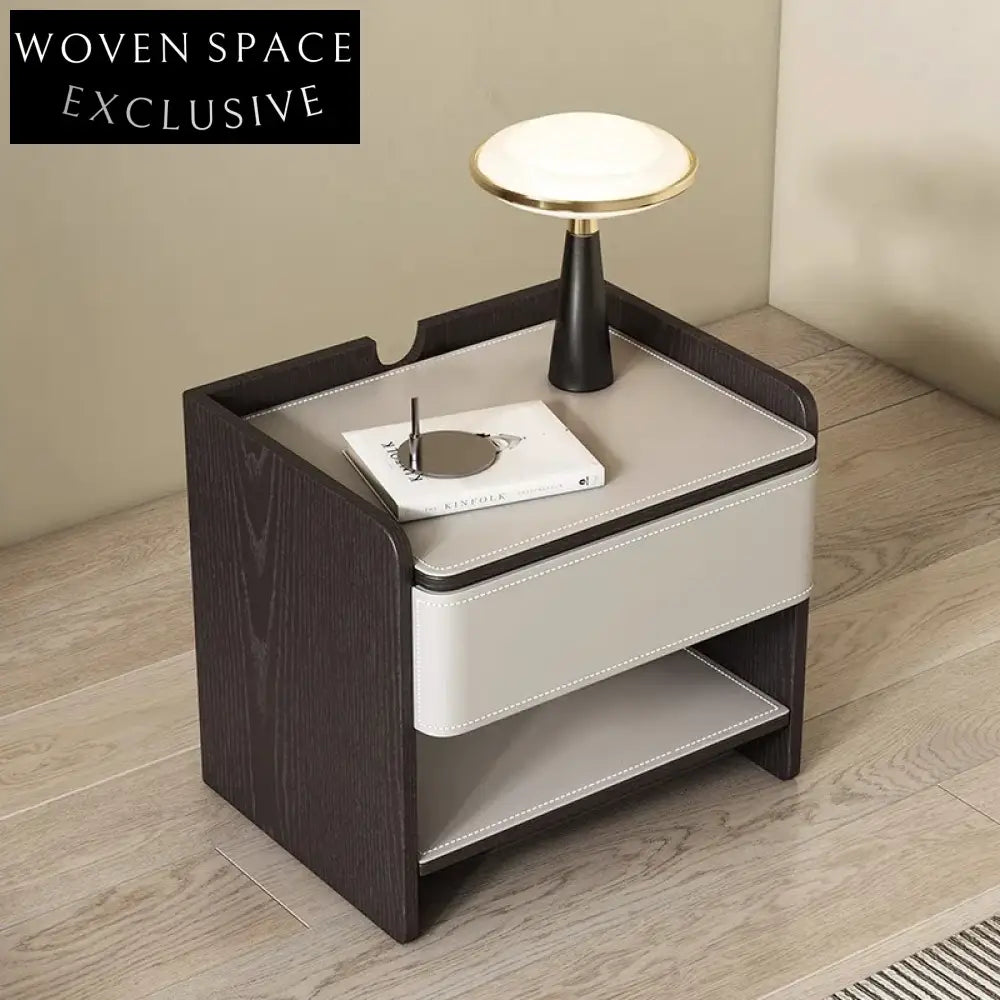 Luxurious Modern Leather & Metal Nightstand with Drawer, Elegant Bedroom Side Table