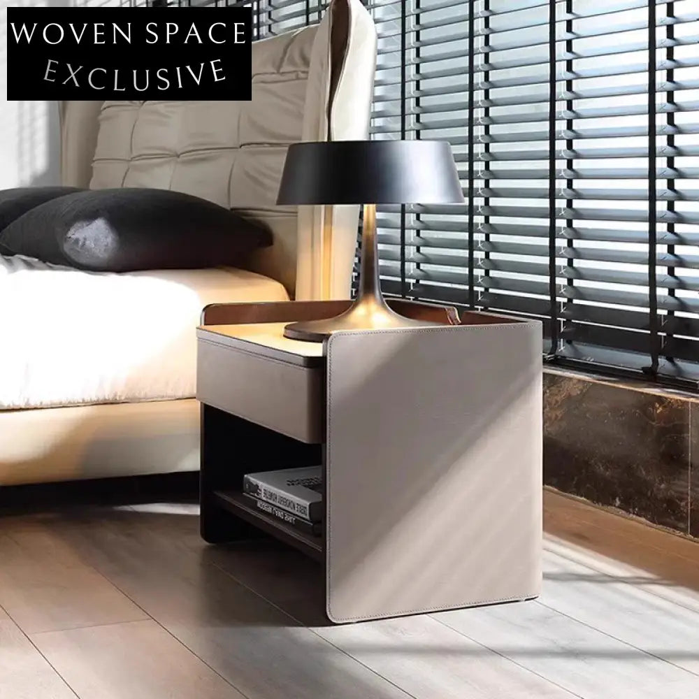 Luxurious Modern Leather & Metal Nightstand with Drawer, Elegant Bedroom Side Table
