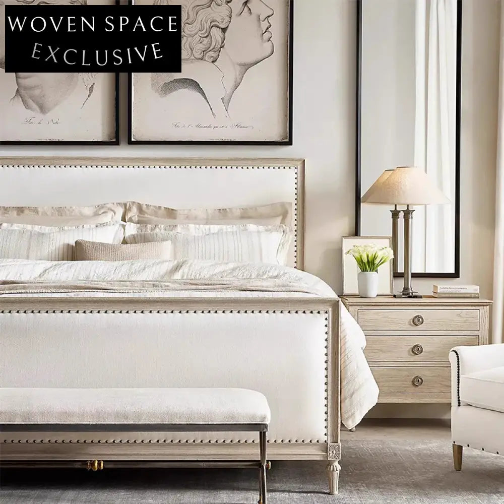 Luxurious Modern Queen Size French Elegant Fabric Upholstered Wooden Platform Bed Frame