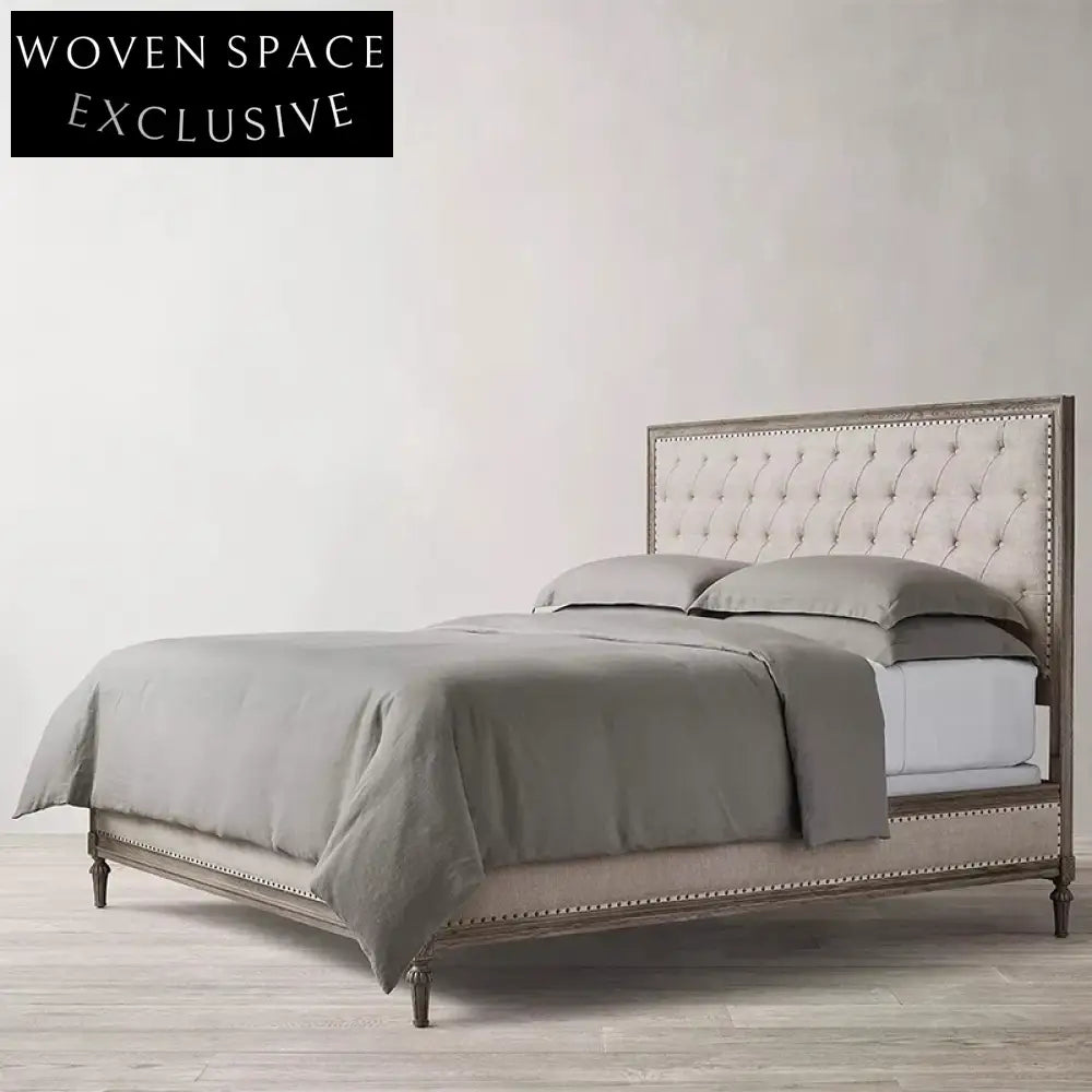 Luxurious Modern Queen Size French Elegant Fabric Upholstered Wooden Platform Bed Frame