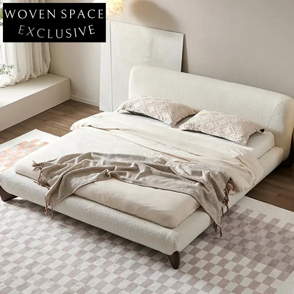 Luxurious Nordic White Fabric King Bed with Wooden Legs, Modern Design