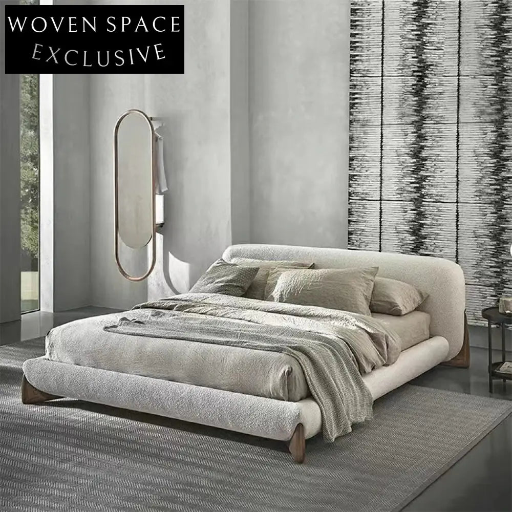 Luxurious Nordic White Fabric King Bed with Wooden Legs, Modern Design