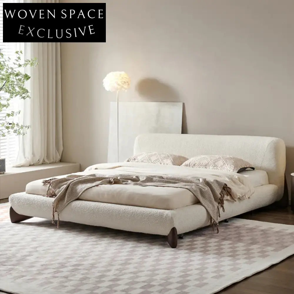 Luxurious Nordic White Fabric King Bed with Wooden Legs, Modern Design