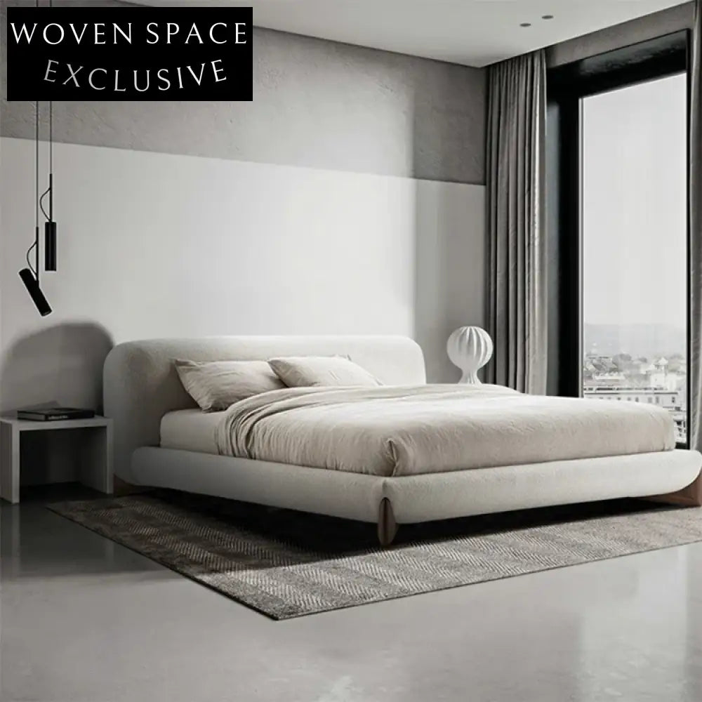 Luxurious Nordic White Fabric King Bed with Wooden Legs, Modern Design