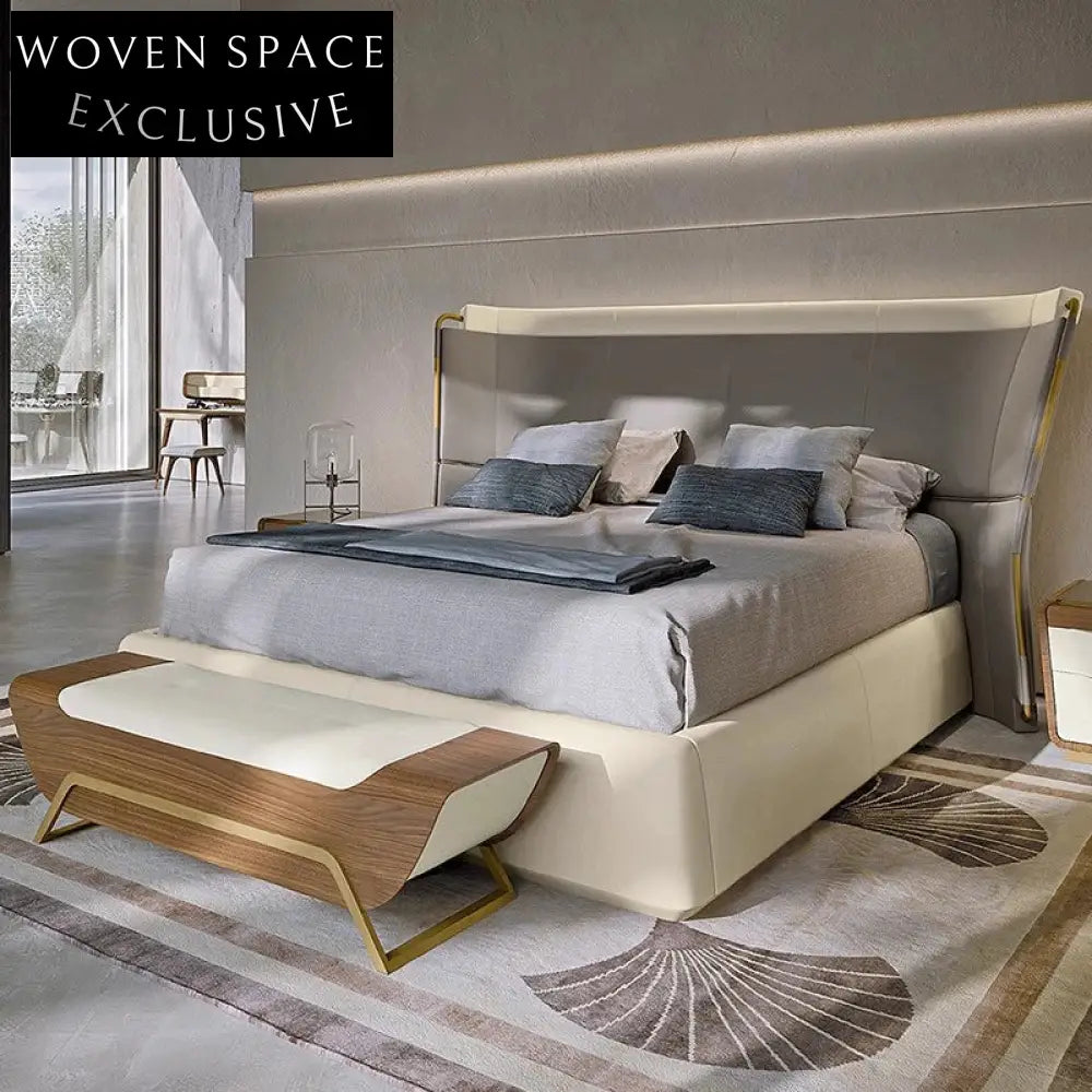Luxurious Padded Italian Leather King Size Bed, Modern High Headboard Frame