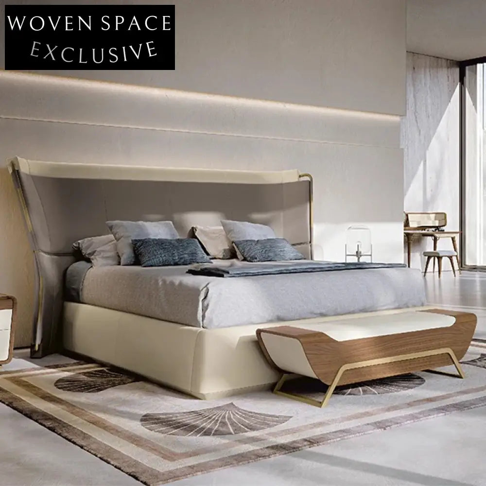 Luxurious Padded Italian Leather King Size Bed, Modern High Headboard Frame