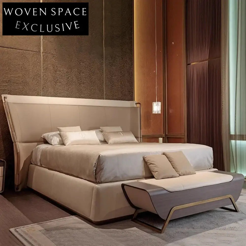 Luxurious Padded Italian Leather King Size Bed, Modern High Headboard Frame