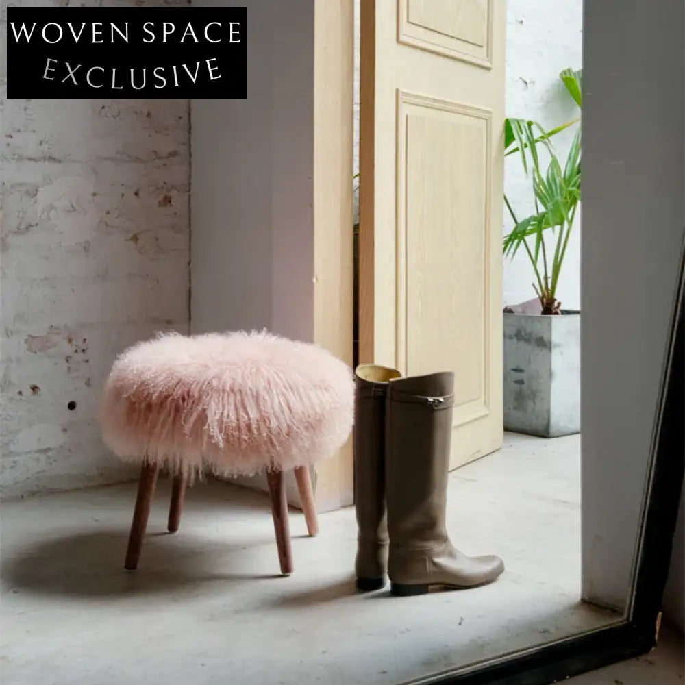 Luxurious Pink Faux Fur Solid Wood Living Room Ottoman Stool