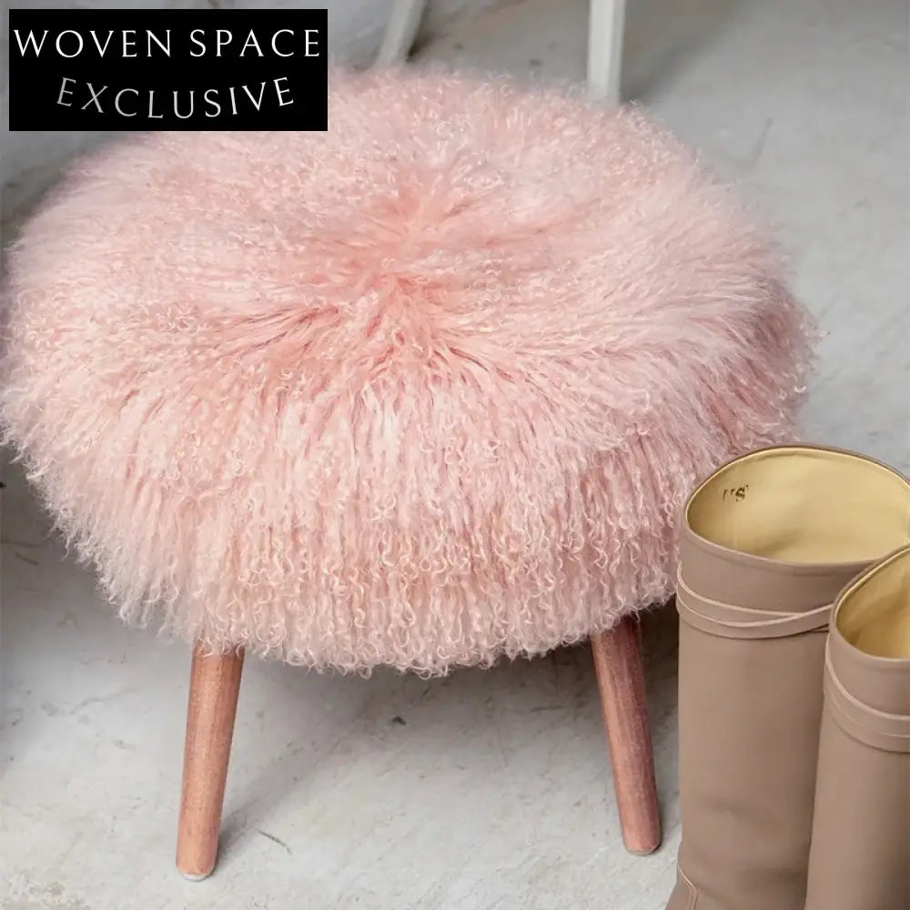 Luxurious Pink Faux Fur Solid Wood Living Room Ottoman Stool