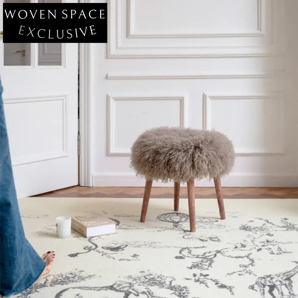 Luxurious Pink Faux Fur Solid Wood Living Room Ottoman Stool