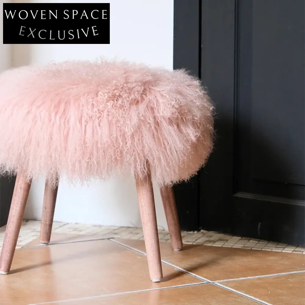 Luxurious Pink Faux Fur Solid Wood Living Room Ottoman Stool