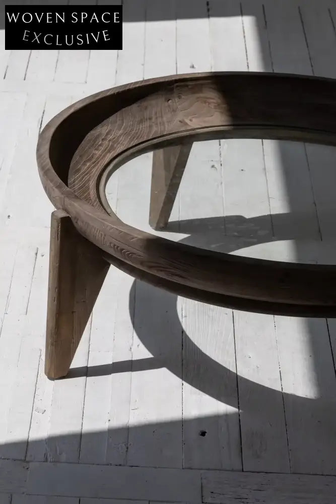Scandinavian Round Reclaimed Elm Wood Coffee Table with Tempered Glass Top