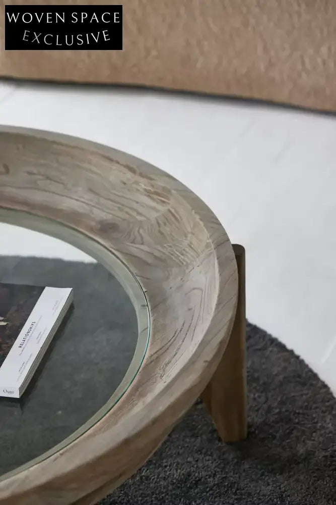 Scandinavian Round Reclaimed Elm Wood Coffee Table with Tempered Glass Top