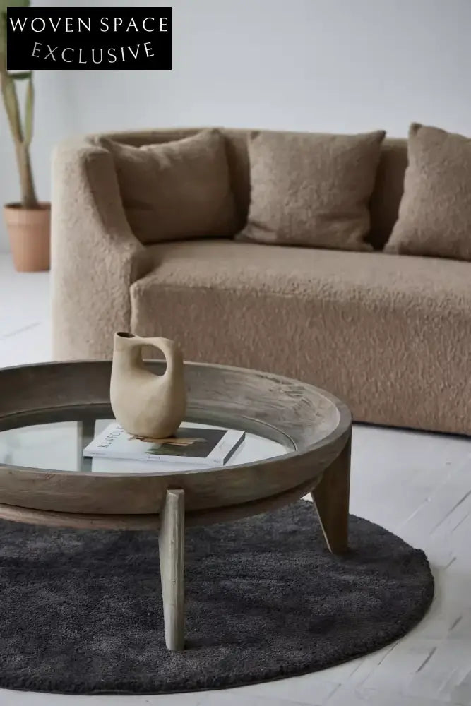 Scandinavian Round Reclaimed Elm Wood Coffee Table with Tempered Glass Top