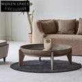 Scandinavian Round Reclaimed Elm Wood Coffee Table with Tempered Glass Top