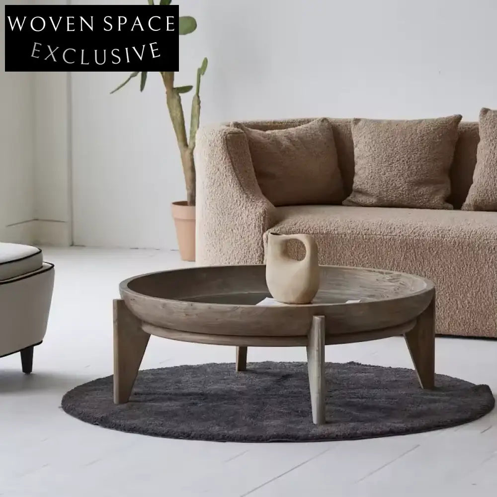 Scandinavian Round Reclaimed Elm Wood Coffee Table with Tempered Glass Top