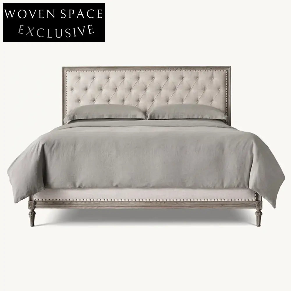 Luxurious Retro Solid Oak Wood King Fabric Upholstered Headboard Bed Frame