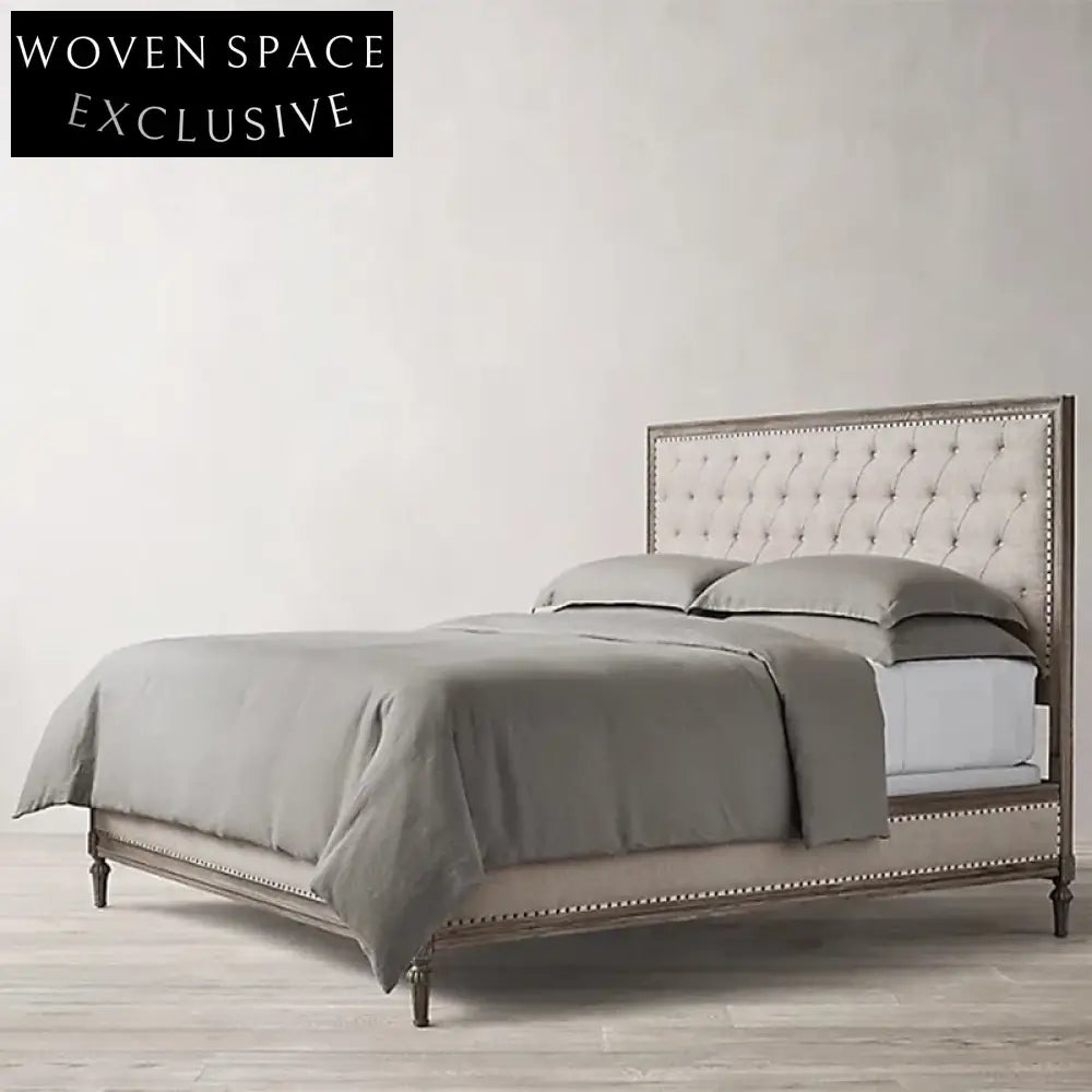 Luxurious Retro Solid Oak Wood King Fabric Upholstered Headboard Bed Frame