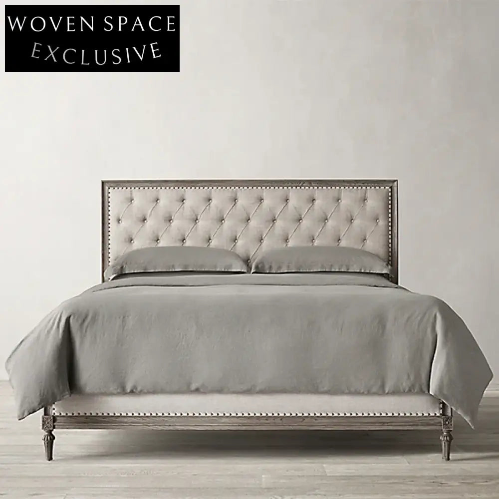 Luxurious Retro Solid Oak Wood King Fabric Upholstered Headboard Bed Frame