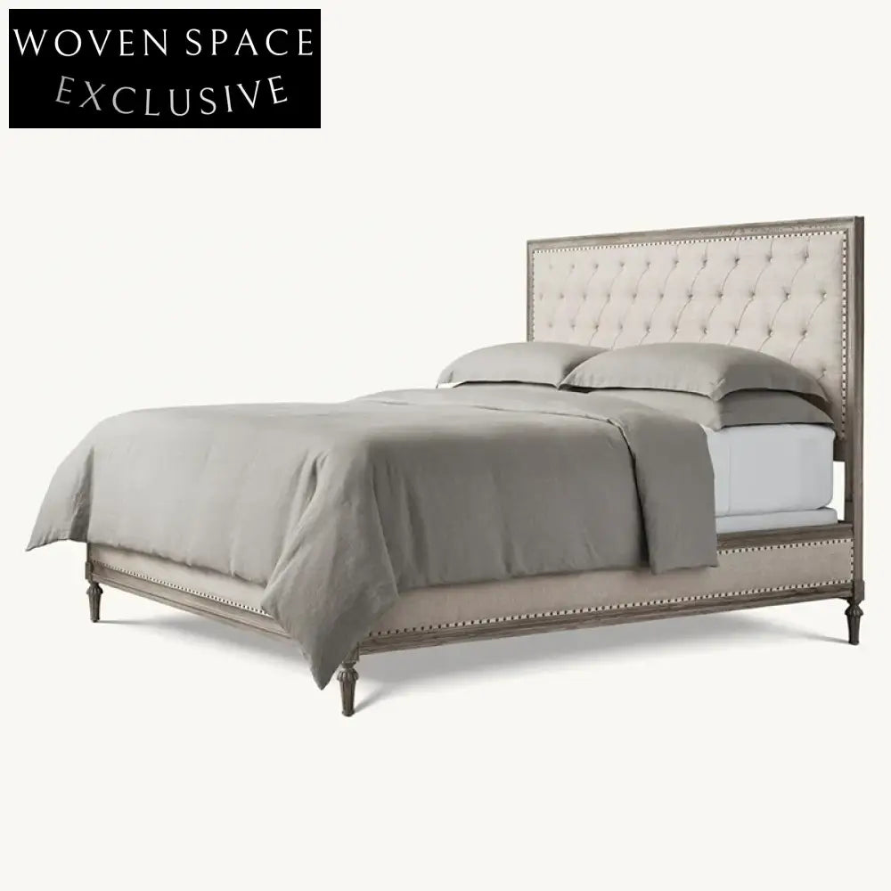 Luxurious Retro Solid Oak Wood King Fabric Upholstered Headboard Bed Frame