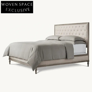 Luxurious Retro Solid Oak Wood King Fabric Upholstered Headboard Bed Frame