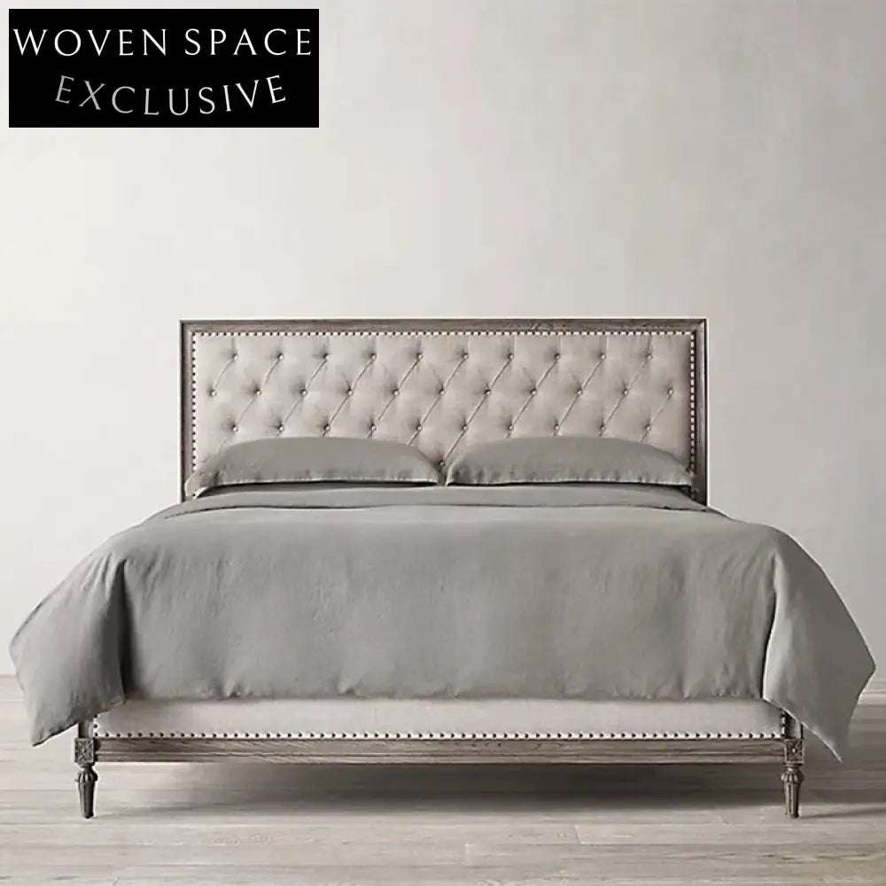 Luxurious Retro Solid Oak Wood King Fabric Upholstered Headboard Bed Frame