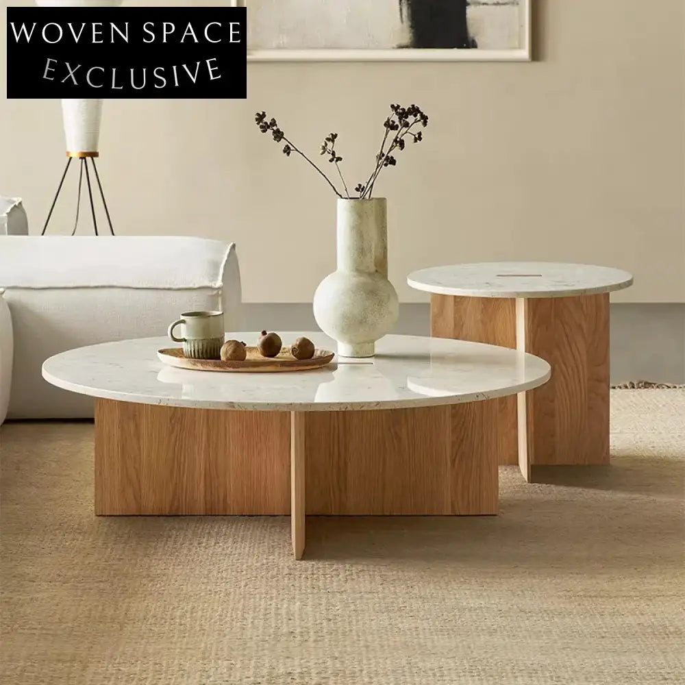 Luxurious Round Marble Top Solid Wood Base Modern Living Room Coffee Table