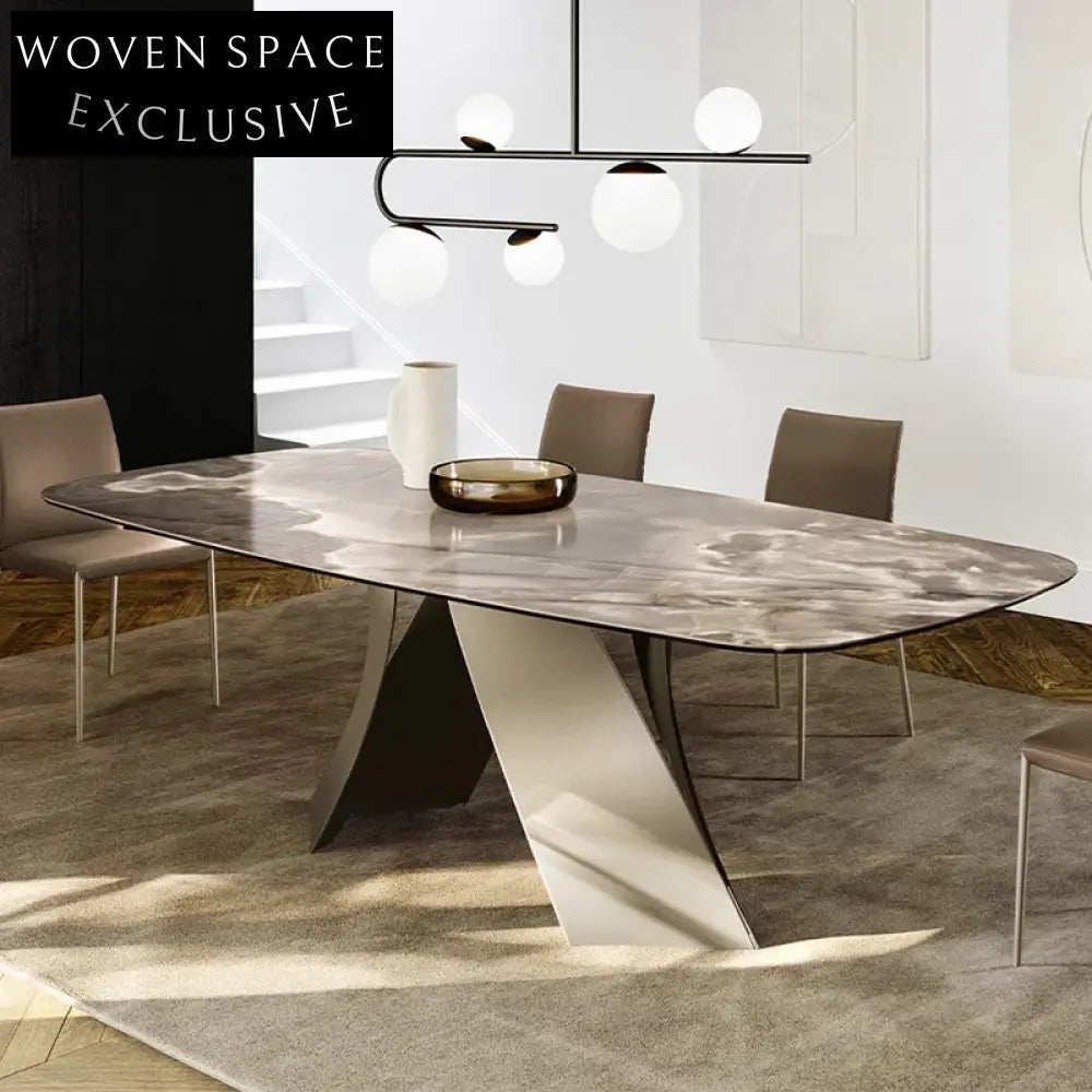 Luxurious Round Slate Top Dining Table with Metal Base, 6 Seater