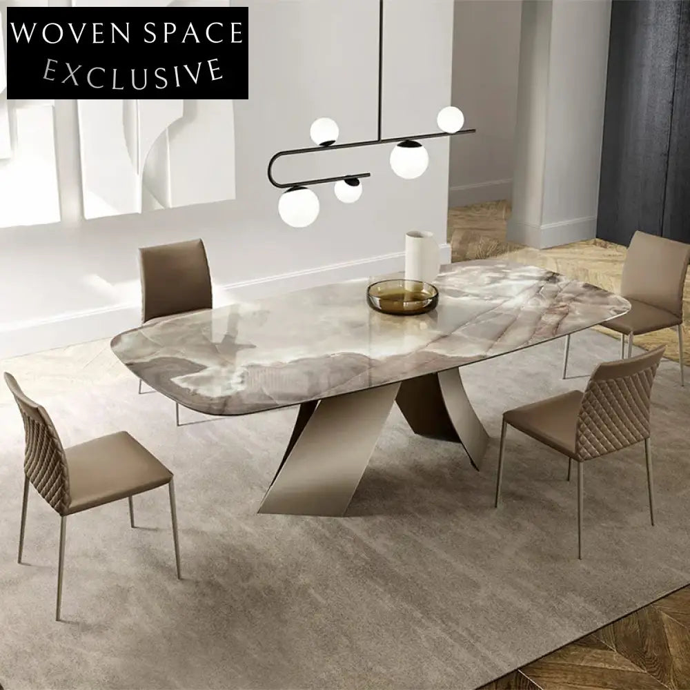 Luxurious Round Slate Top Dining Table with Metal Base, 6 Seater
