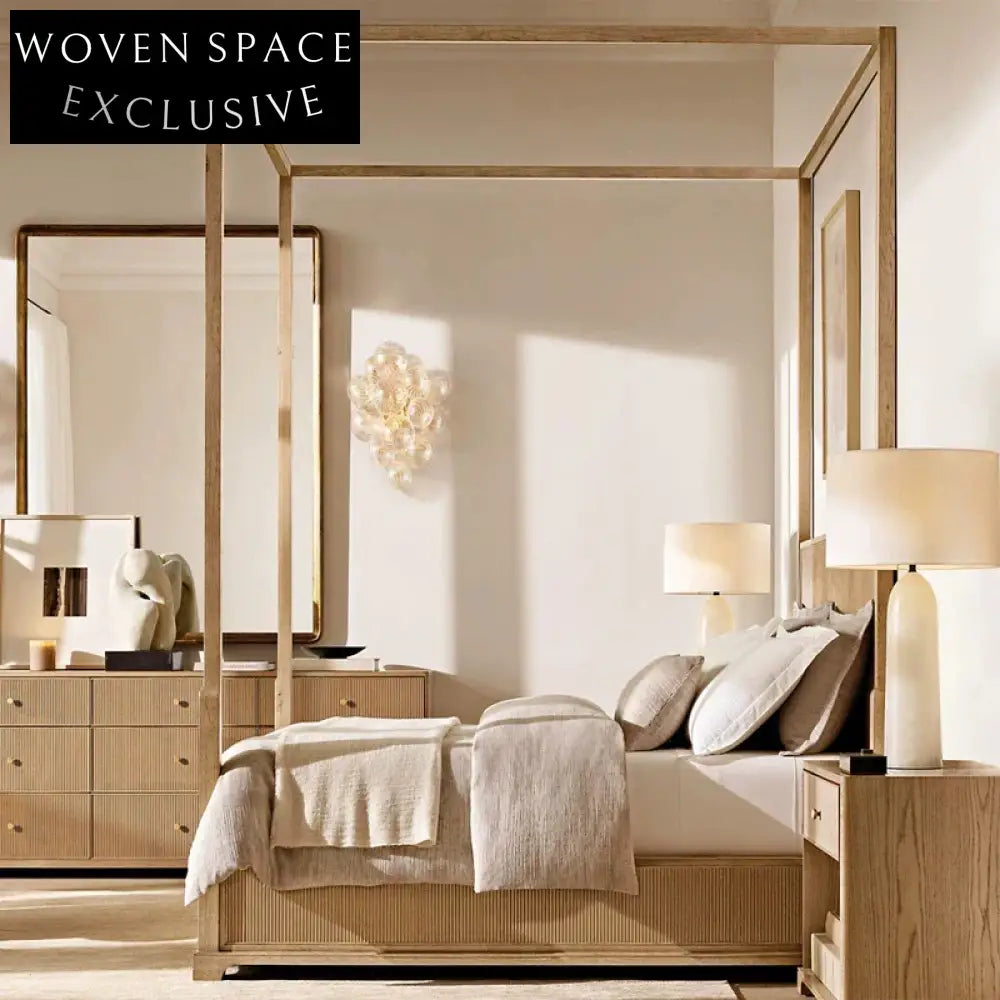 Luxurious Solid Oak Wood King Size Four-Column Hand Carved High Bed Frame