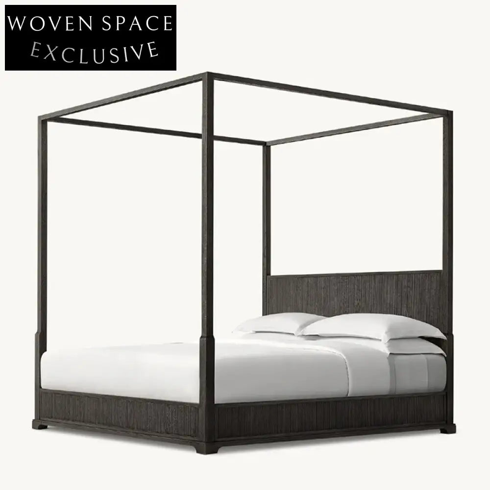 Luxurious Solid Oak Wood King Size Four-Column Hand Carved High Bed Frame