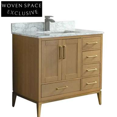 Luxurious Solid Wood Bathroom Vanity with Marble Top, Soft-Close Drawers