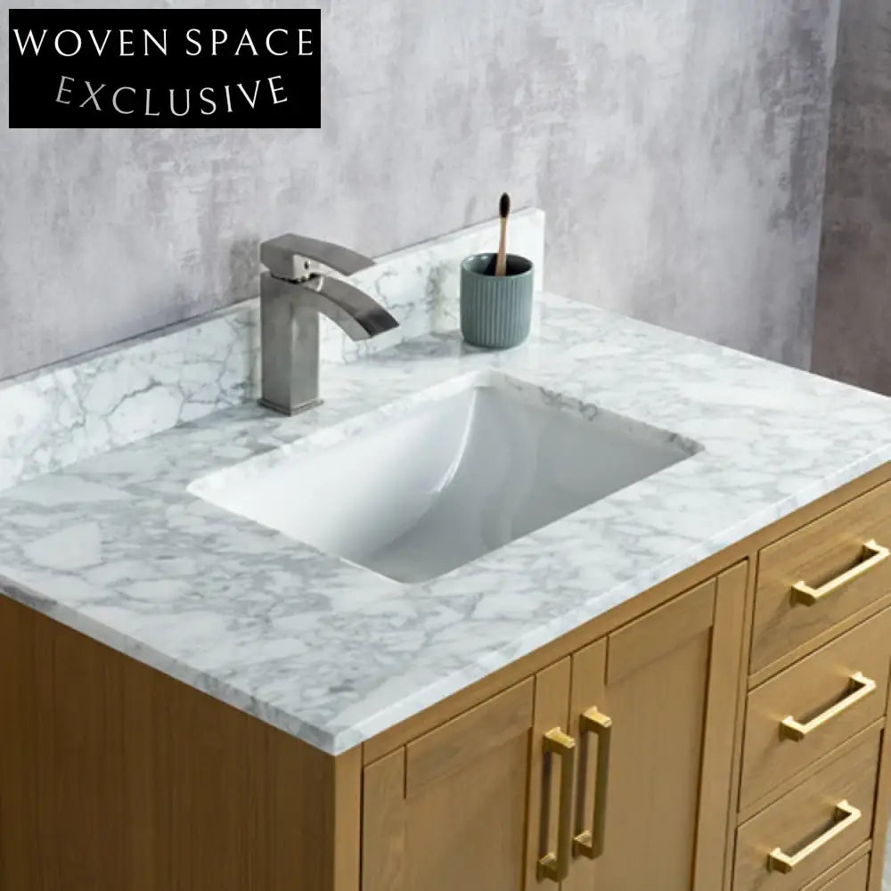 Luxurious Solid Wood Bathroom Vanity with Marble Top, Soft-Close Drawers