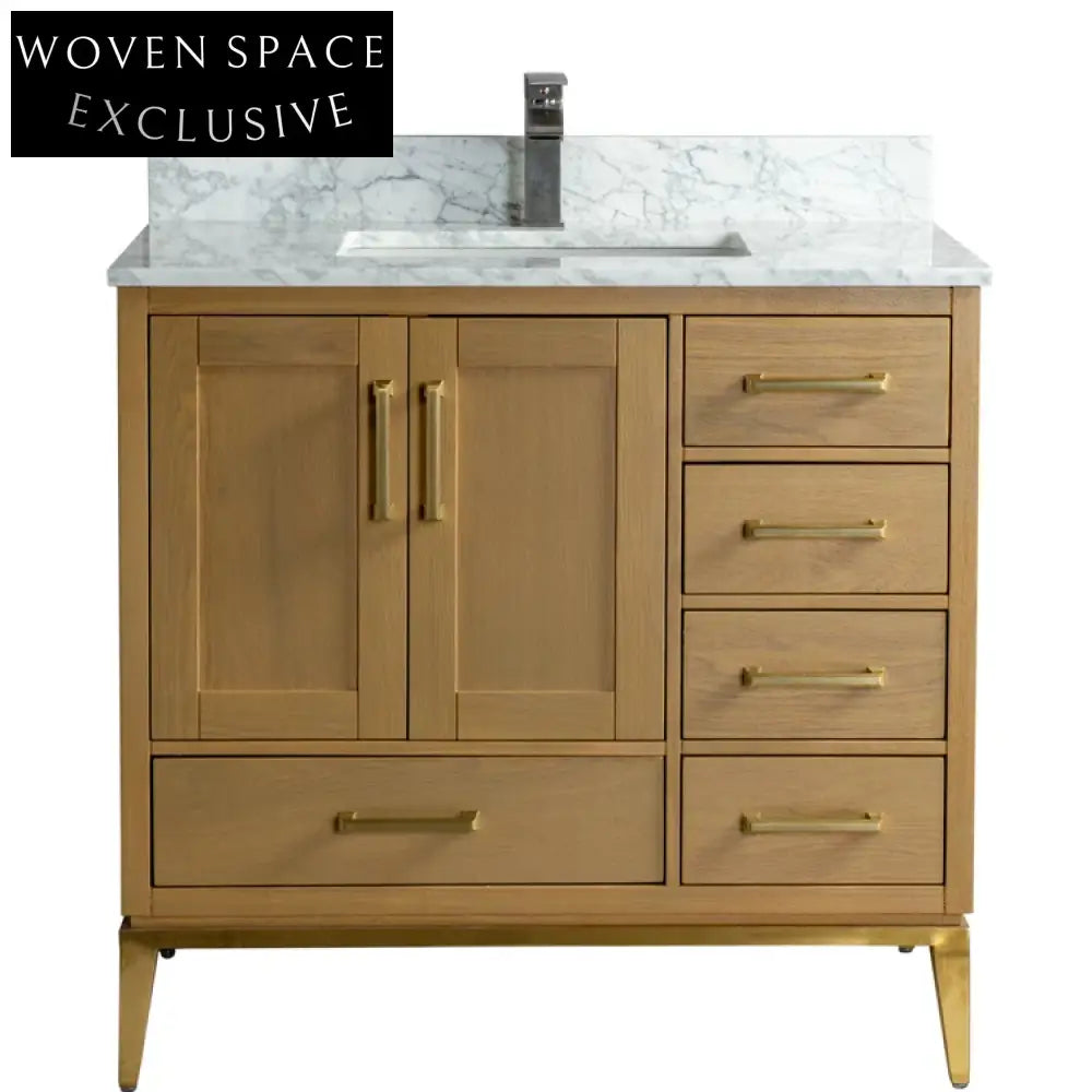 Luxurious Solid Wood Bathroom Vanity with Marble Top, Soft-Close Drawers