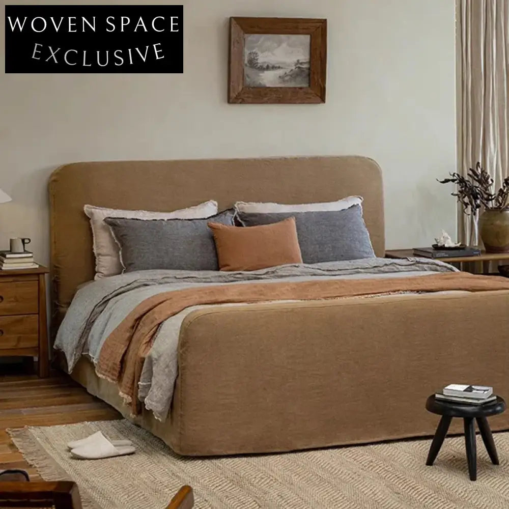 Luxurious Solid Wood King Queen Linen Fabric Bed Frame with High Headboard