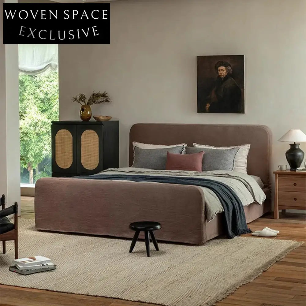 Luxurious Solid Wood King Queen Linen Fabric Bed Frame with High Headboard