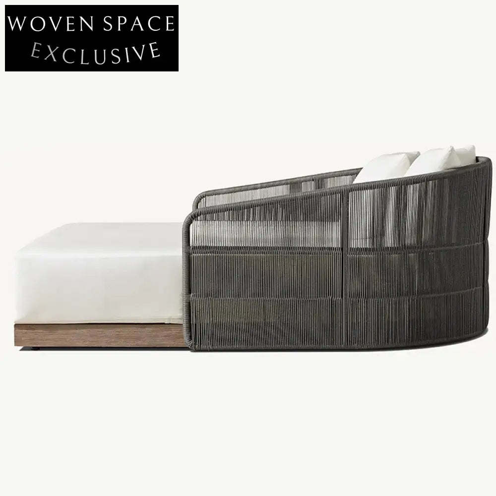 Luxurious Teak Wood Outdoor Daybed, All-Weather Rattan Fabric Pool Lounger