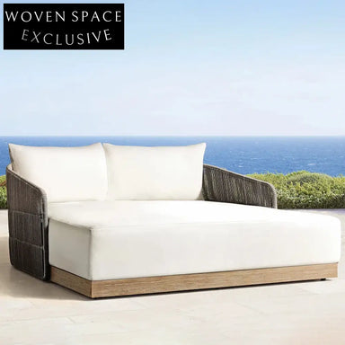 Luxurious Teak Wood Outdoor Daybed, All-Weather Rattan Fabric Pool Lounger