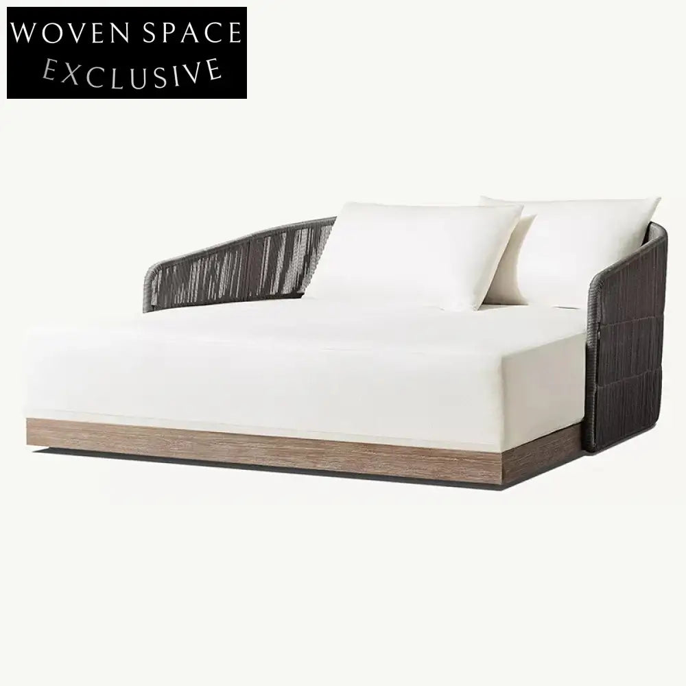 Luxurious Teak Wood Outdoor Daybed, All-Weather Rattan Fabric Pool Lounger