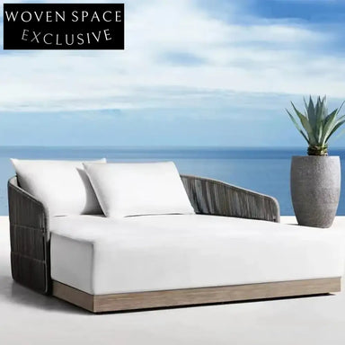 Luxurious Teak Wood Outdoor Daybed, All-Weather Rattan Fabric Pool Lounger