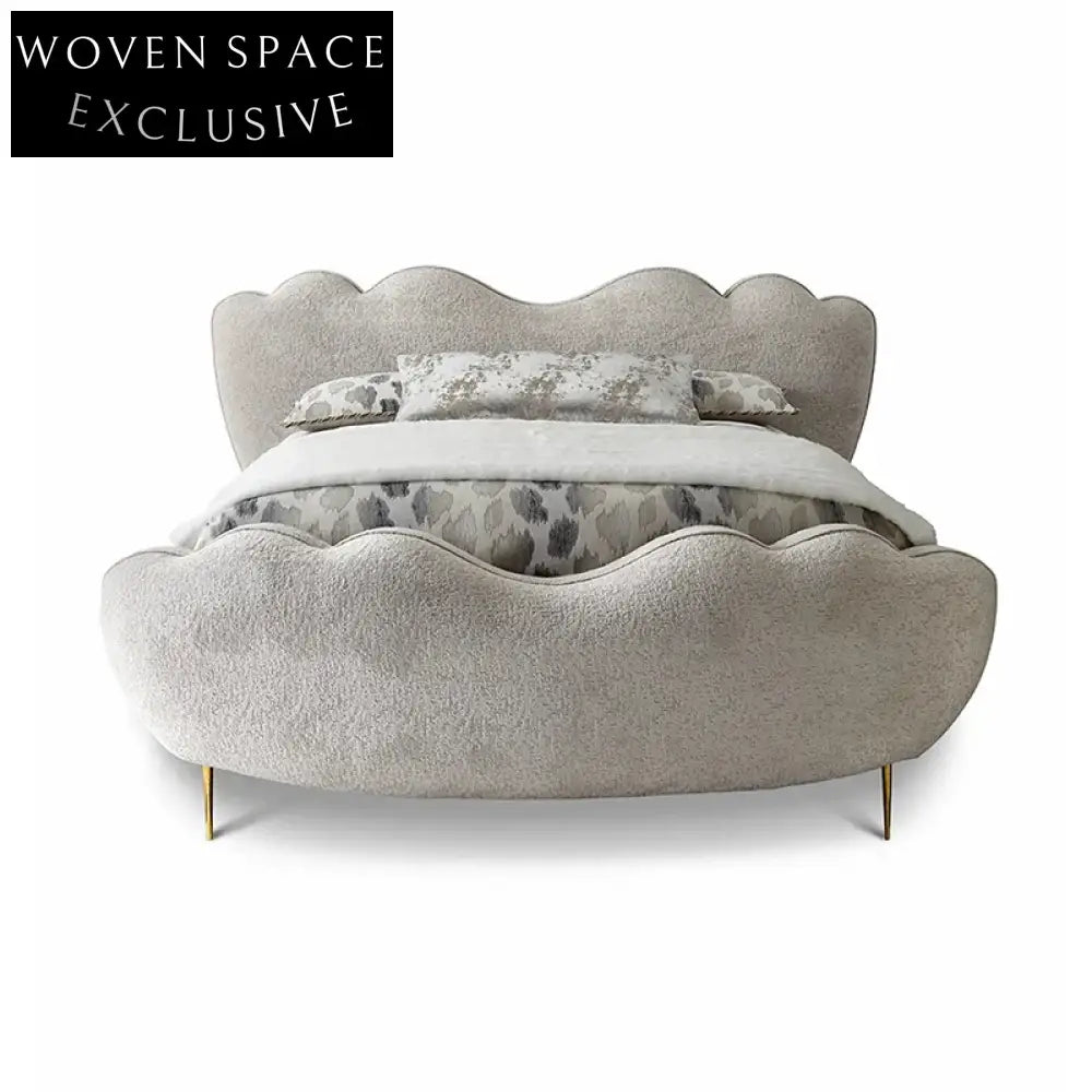 Luxurious Upholstered Teddy Fabric Soft Bed Italian Wooden King Size Frame